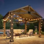 Aoxun cedar pavilion gazebo at dusk with string lights and a pendant lamp under the gable