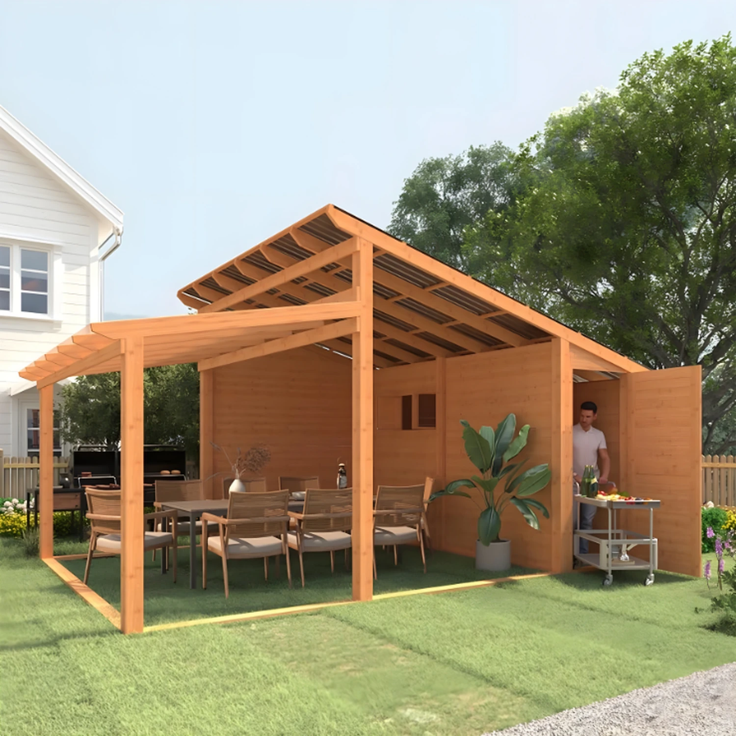 aecojoy-18-7x12-5-wooden-gazebo-storage-shed-1 AECOJOY 18.7 x 12.5 lean-to wooden gazebo with attached storage shed, dining table underneath