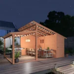 AECOJOY wooden gazebo with storage shed at night with string lights