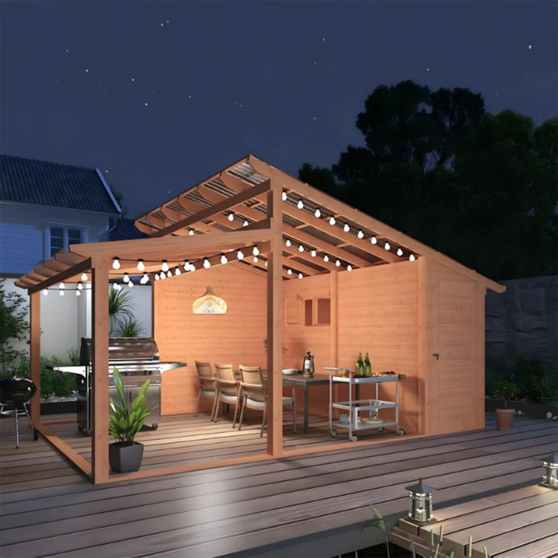 AECOJOY wooden gazebo with storage shed at night with string lights