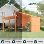 AECOJOY gazebo with storage shed shown in rain and sun