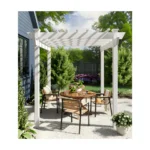 Dura-Trel Kingston 7 x 7 white vinyl pergola over a garden dining table