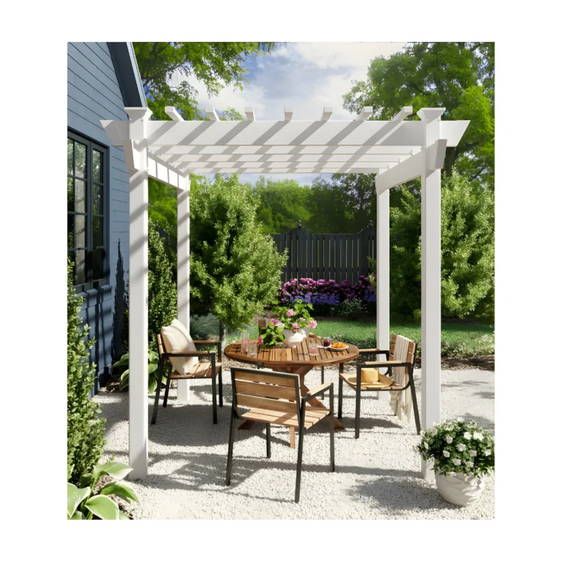 Dura-Trel Kingston 7 x 7 white vinyl pergola over a garden dining table