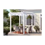 Dura-Trel Kingston white vinyl pergola beside a house with hanging baskets