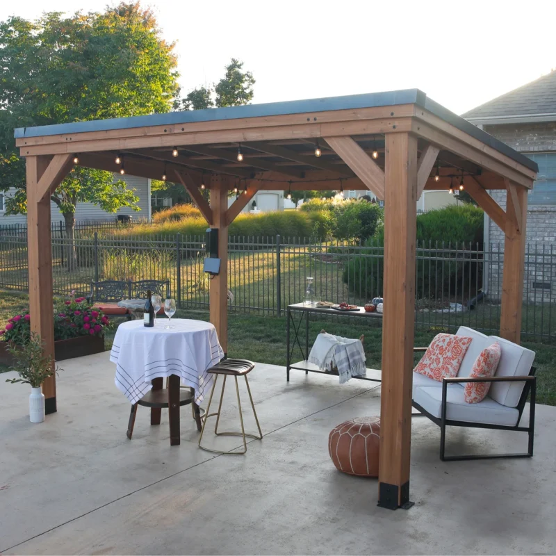 Arcadia 12x9.5 gazebo with string lights over patio seating