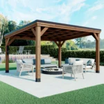 Backyard Discovery Arcadia 14x12 cedar gazebo with sloped steel roof over a fire pit seating area