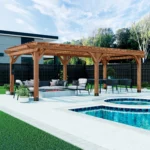 Beaumont 24 x 12 cedar pergola over a poolside patio with lounge seating and a fire table