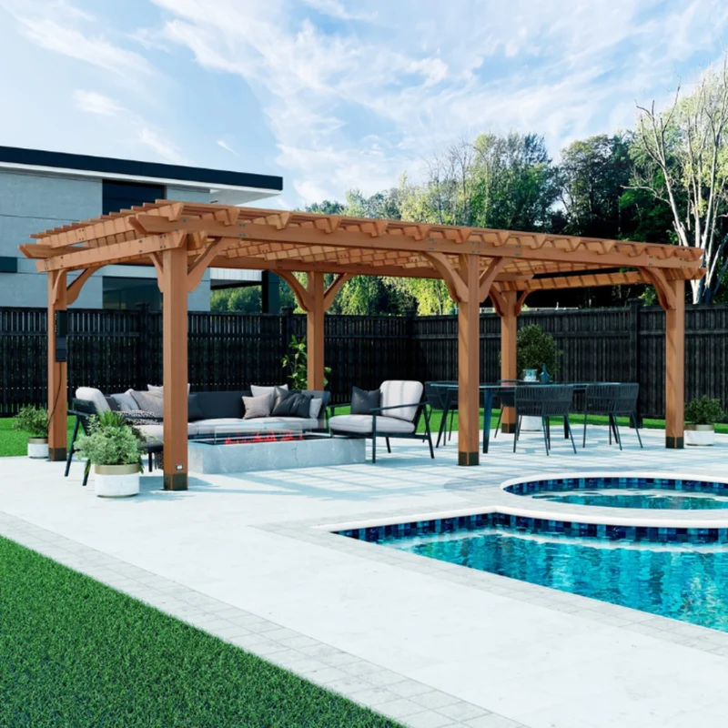 Beaumont 24 x 12 cedar pergola over a poolside patio with lounge seating and a fire table