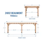 Dimension diagram of the 24 x 12 Beaumont pergola, front and side elevations