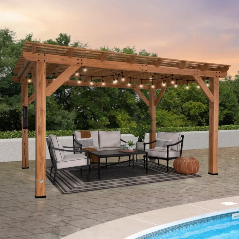 Delray cedar pergola beside a pool at dusk with string lights and lounge seating