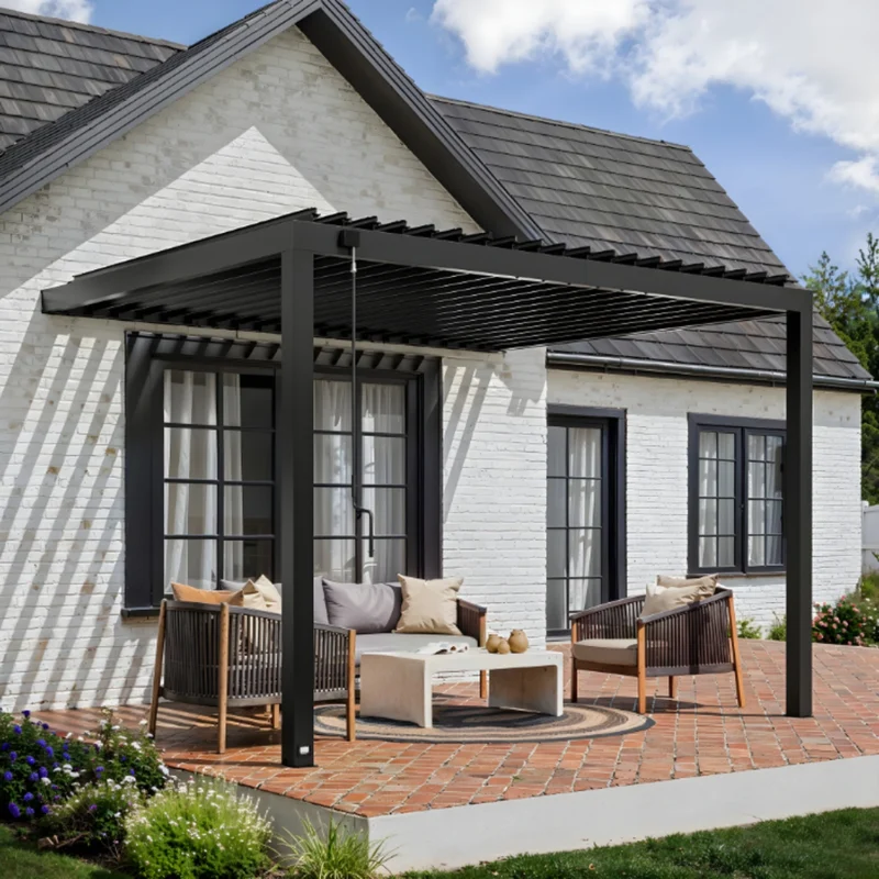 Evanston wall-mounted louvered pergola seen at an angle over a brick patio with seating