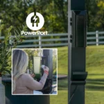 PowerPort outlet and USB module mounted on an Evanston pergola post