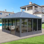 Domi Outdoor Living 16.5 x 13 solarium sunroom gazebo on a deck by a pool
