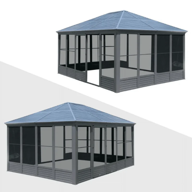 Domi Outdoor Living solarium sunroom gazebo, two views on a plain background