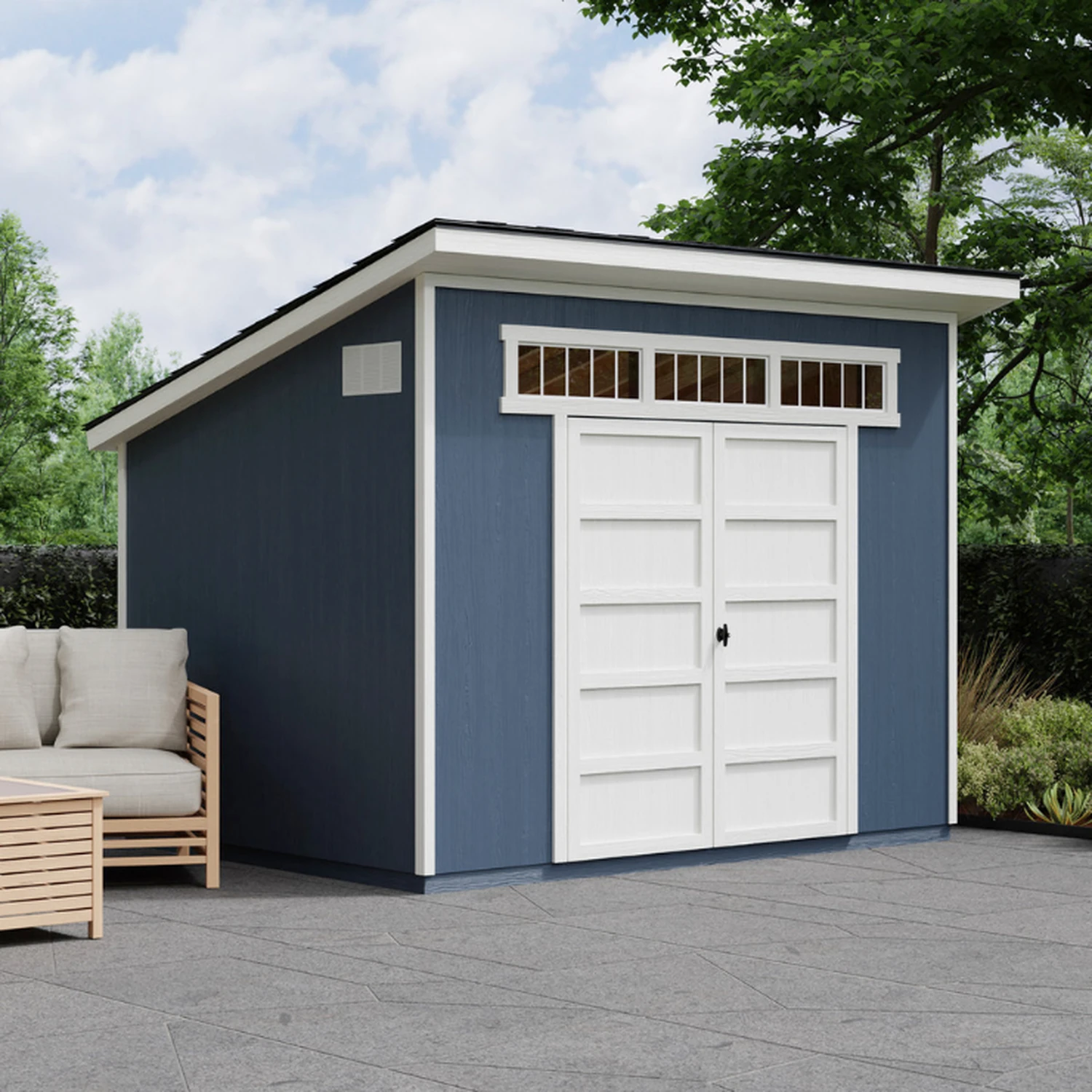 handy-home-olympia-10x7-5-wood-storage-shed-1 Handy Home Olympia 10 x 7.5 wood storage shed with single-slope roof and transom windows on a patio