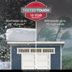 Handy Home Olympia shed shown in snow and wind, warranty badge