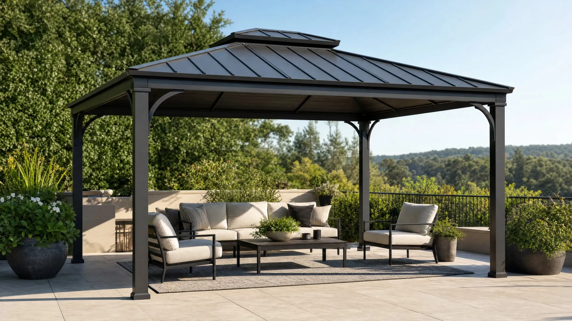Steel hardtop gazebo over a patio seating area
