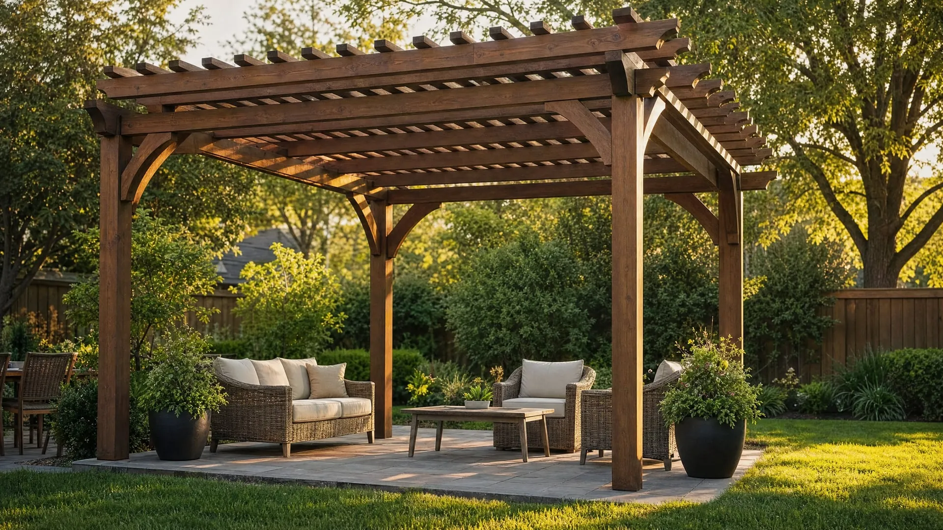 Cedar pergola over a backyard patio