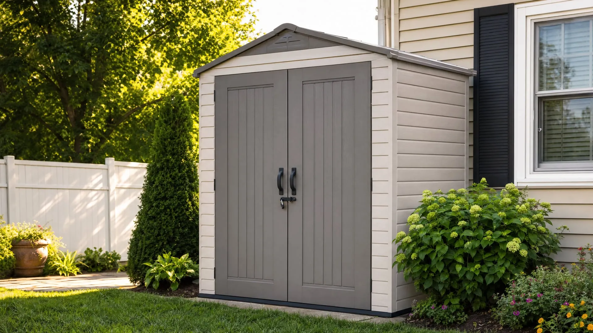 Garden shed on a green lawn