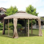 Tomshoo 10 x 10 two-tier soft top gazebo tent with mesh sidewalls and khaki curtains on a lawn
