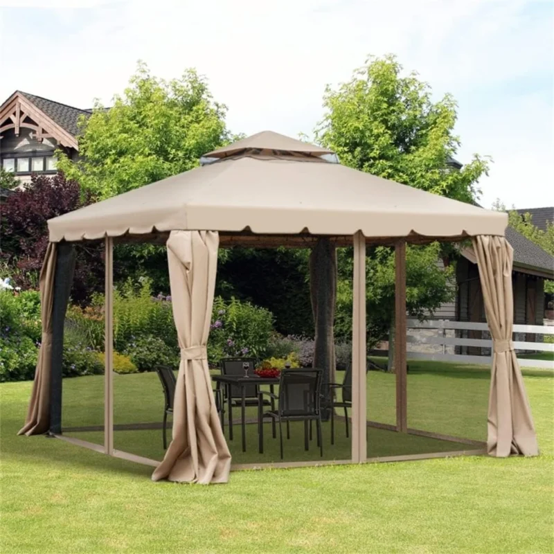 Tomshoo 10 x 10 two-tier soft top gazebo tent with mesh sidewalls and khaki curtains on a lawn