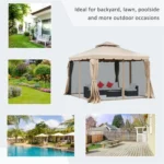 Tomshoo gazebo tent shown in backyard, poolside and patio settings