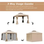 Three-way use of the Tomshoo gazebo: outer curtains, mesh, open air