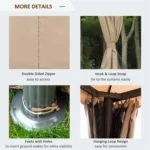 Tomshoo gazebo details: zipper, hook and loop strap, stake foot, hanging loops
