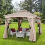 Laurel Canyon 10 x 10 khaki soft top steel gazebo with netting over a lounge set