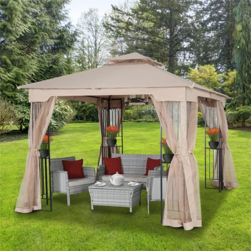 Laurel Canyon 10 x 10 khaki soft top steel gazebo with netting over a lounge set
