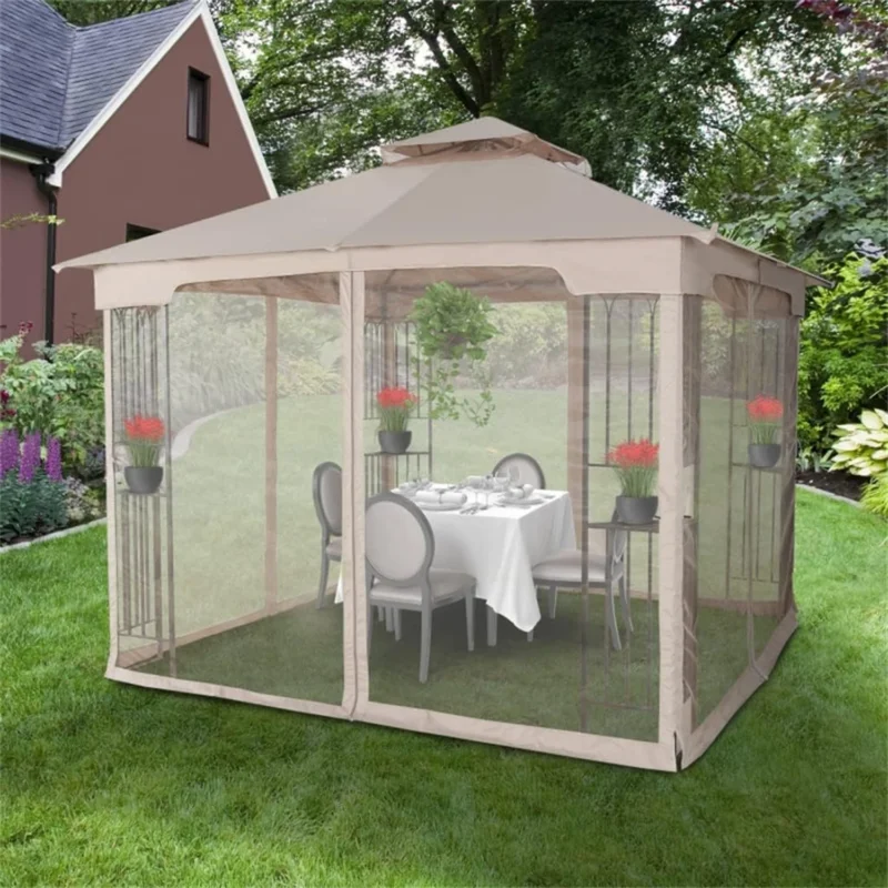 Laurel Canyon soft top gazebo with netting closed around a dining table