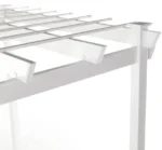 Corner detail of the Kingston pergola: vinyl post cap, doubled beams and slanted rafter tails